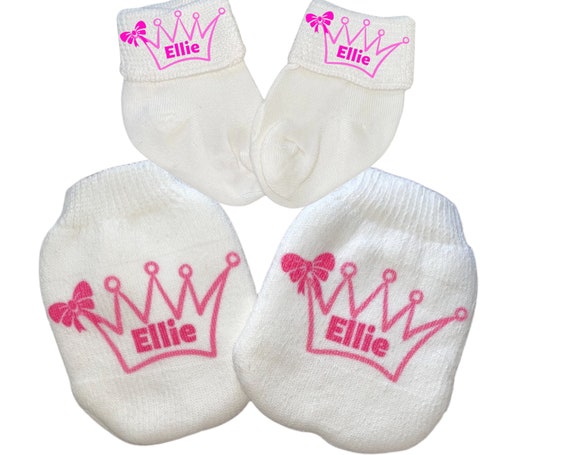 MITTENS with Option to add Matching Socks. No scratch Mittens with Name in Crown! Perfect Newborn Gift! Every Baby Needs. Every Mom Loves!