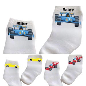 Baby/Toddler/Child Race Car Socks with name. Multiple sizes offered. Choose from 0-6 months to 10 years.  Every Baby Needs. Cute Baby Gift!