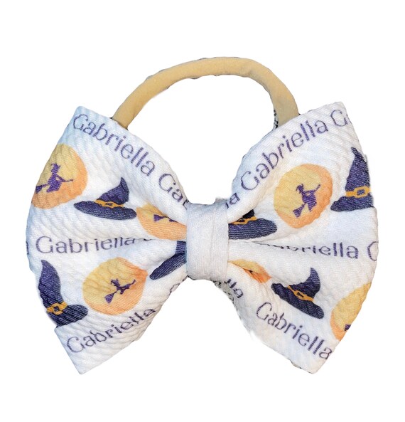 Girls Halloween Fall Bow with NAME on Hat, Headband or Clip! Custom Made Fabric Bow. EXCLUSIVE