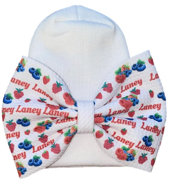 Girls Bow with NAME! Baby Girl Bow with Berries on White Hat, Nylon Headband OR Clip!  Custom Made Fabric Bow. Newborn Hat. EXCLUSIVE