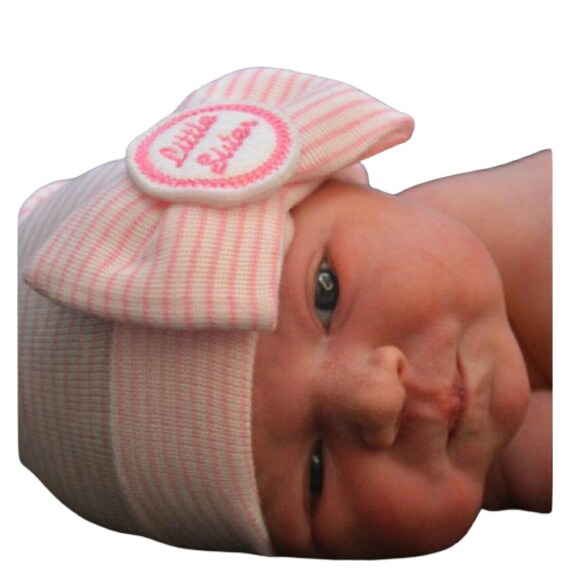 Newborn Hospital Beanie: Pink Stripe, 'Little Sister' Bow