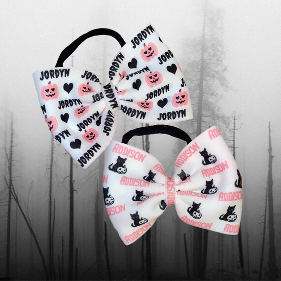 Girls Halloween Fall Bow with NAME Nylon Headband, Alligator Clip or Pink Newborn Hat! Custom Made Fabric Bow. EXCLUSIVE