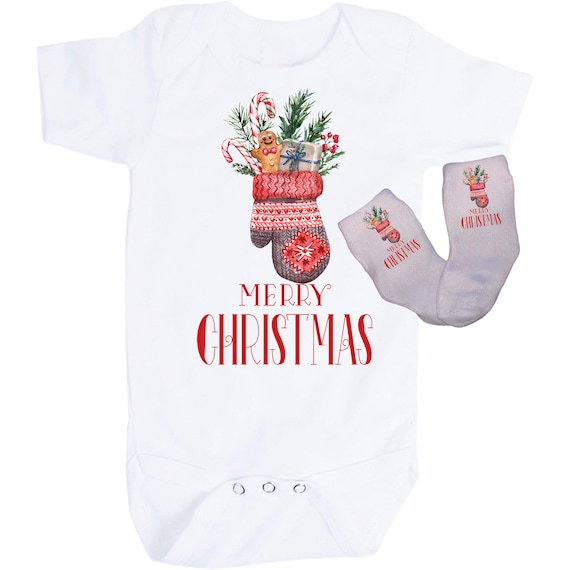 Christmas Baby Bodysuit with Option to add Socks and No Scratch Mittens. Size 0-3 Months to 24 Months. EXCLUSIVELY FOUND HeRe!