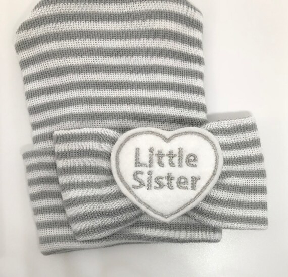 Newborn Girl Hat with Little Sister Embellishment on Big Bow Newborn Hospital Beanie.  Baby Newborn Hats.  Little Sister