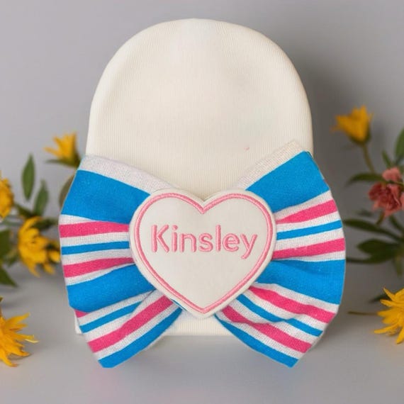 Baby Girl Bow Newborn Hospital Hat Monogrammed with Name! Great Gift any Mom would LOVE 1st Keepsake!