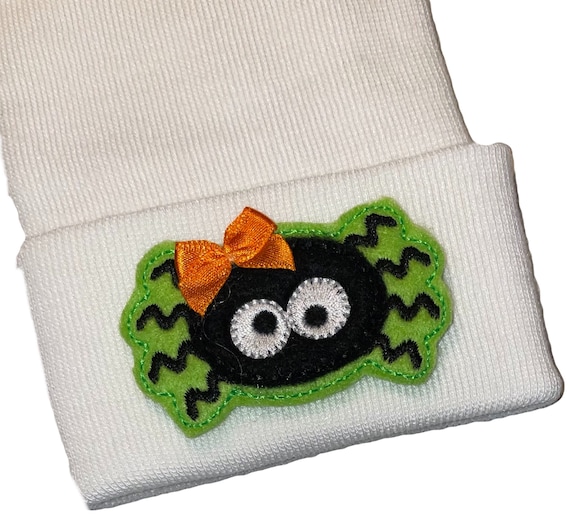 Newborn Hospital Hat! Spider. White Rounded Top Hat. 1st Keepsakes! Newborn Hospital Beanies. Newborn Baby Hats! Cute!