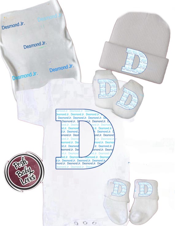 Personalized Baby Bodysuit with No Scratch Mittens, Socks, Newborn Hat and receiving blanket Size 0-3 Months. EXCLUSIVELY FOUND HeRe!