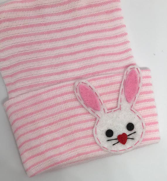 Newborn Hospital Hat Baby Hat Beanie. Pink/White Stripe Hospital Beanie. BUNNY with Red Heart Nose! Cute and Great Gift and Cute Photo Prop!
