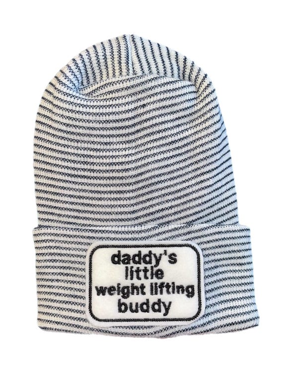 Newborn Hat daddy's little Weight Lifting buddy and OPTIONal Mittens YOU CHOOSE COLOR  1st Keepsake,  Surprise Dad!