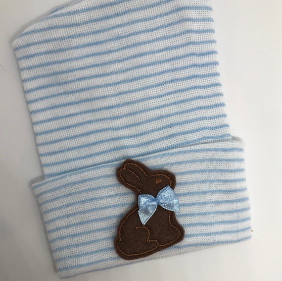Newborn Hospital Hat Baby Beanie. Blue and White Stripe Hat with Chocolate BUNNY! Cute and Makes a Great Gift and Cute Photo Prop!