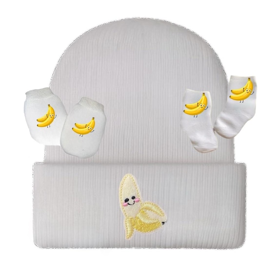 Newborn Hospital Hat Banana with Socks & Mitts.Great Gift. Baby's 1st Keepsake. Cute!!