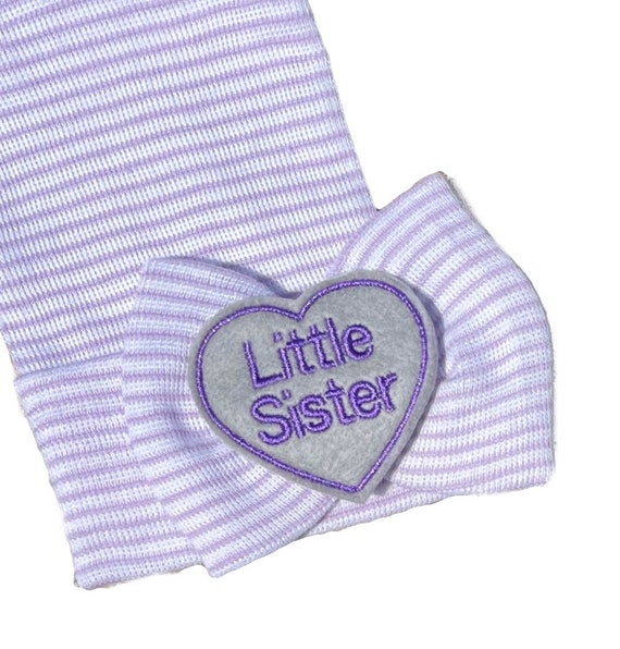 Newborn Girl Hat with Little Sister Embellishment on Big Bow Newborn Hospital Beanie.  Baby Newborn Hats.  Little Sister