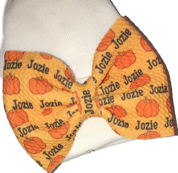 Girls Pumpkin Halloween Fall Bow with NAME on Hat, Headband or Clip! Custom Made Fabric Bow. EXCLUSIVE