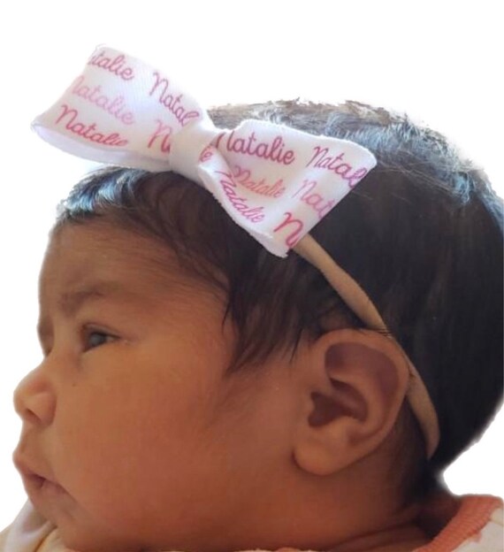 Girls Bow Hat or Headband with NAME! Baby Girl Bow!  Custom Made Fabric Bow. Newborn Hospital Hat. Newborn Hat. Infant Beanie. EXCLUSIVE