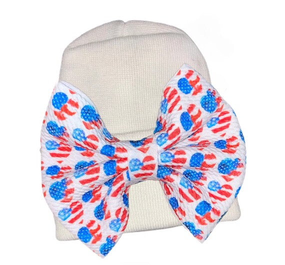 Newborn Hospital Hat. Patriotic hearts Bow on Newborn Hat, Nylon Headband or Alligator Clip. Great Gift. July Baby. May Baby. September Baby