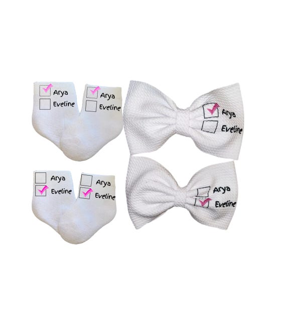 TWINS Bow on Headband, Alligator Clip or White Newborn Hat with NAME and matching socks! Baby Girl Bow!  Custom Made Fabric Bow. EXCLUSIVE
