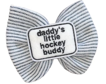 Girls Bow with daddy's little Hockey buddy YOU CHOOSE it on Nylon Headband or Alligator Clip 1st Keepsake, Gender Reveal, Surprise Dad!