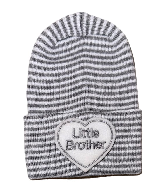 Newborn Hospital Hat. Gray and white hat with heart on it with gray Little Brother