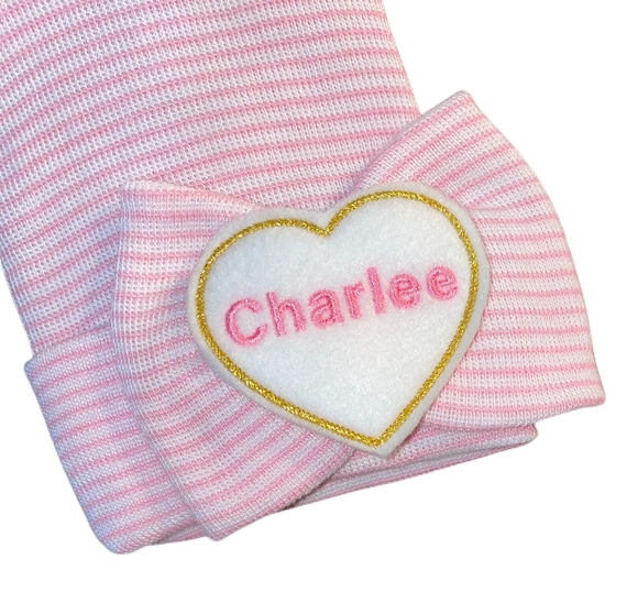Baby Girl Hat Newborn Hospital Hat Monogrammed with PERSONALIZED Name! LARGE Bow with Name! Great Gift any Mom would LOVE 1st Keepsake!