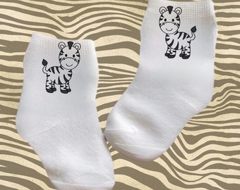 Baby/Toddler/Child Socks with cute Zebra. Multiple sizes offered. Choose from 0-6 months to 10 years.  Every Baby Needs. Cute Baby Gift!
