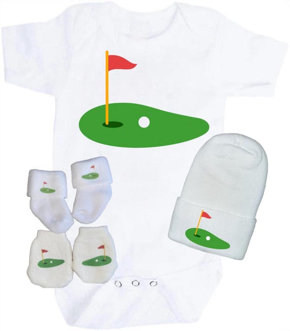 Baby Bodysuit for Newest Golfer. Set Includes Bodysuit, Newborn Hat, Socks and No Scratch Mittens. PREEMIE to 3 Months. GREaT GiFT!