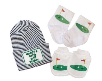 Newborn Hospital Hat daddy's little Golf buddy with Socks and Mitts. Keepsakes, Great Gift, Surprise Dad! Coming Home Hat, Cute Baby Gift