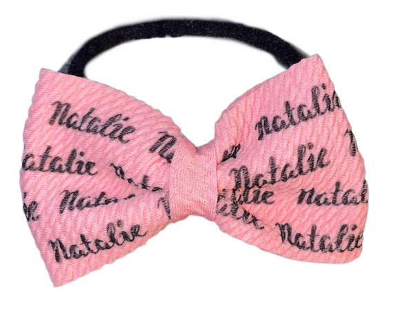 Girls Bow with NAME on Hat, Headband or Clip! Choice of Colors. Custom Made Fabric Bow. EXCLUSIVE