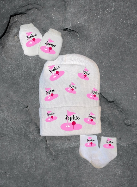 Newborn Hat, No Scratch Mitts and Socks. Golf Theme with Name. Great Gift. Baby's 1st Keepsake. Cute