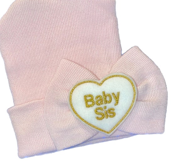 Baby Bow Hat Baby Sis Newborn Hat with Baby Sis In Gold on Bow Newborn Hospital Beanie.  Baby Newborn Hats. For BABY Sister
