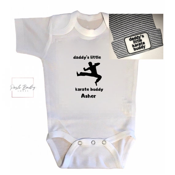 Daddy’s Little KARATE Buddy Set Bodysuit 0-3 Months and Black and White Matching Newborn Hat. EXCLUSIVELY FOUND HeRe! SURpRISE DaD!
