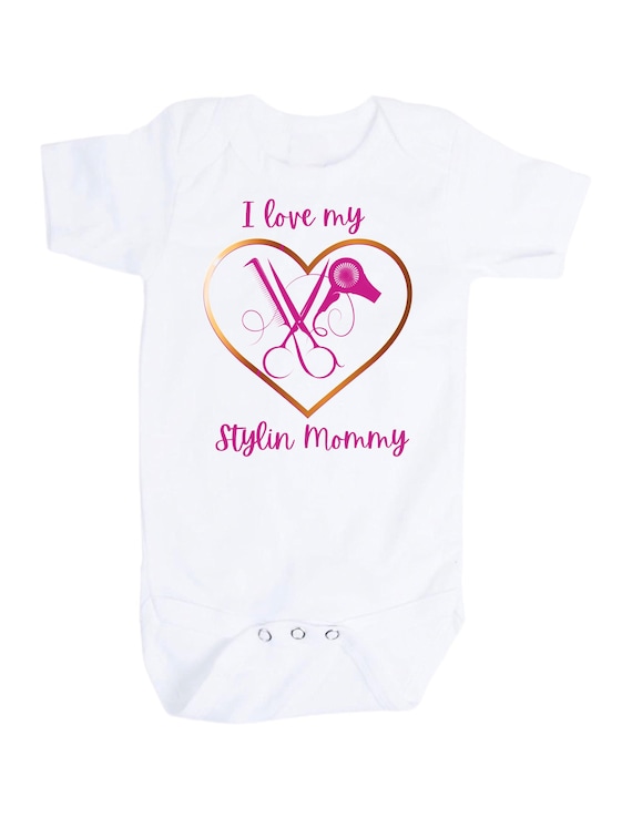 Baby Bodysuit with I Love My Stylin Mom with Scissors, Comb and Blow Dryer. Perfect for Hairdresser Baby. 1st Keepsake!