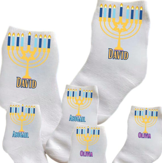 Baby/Child/adult Hanukkah Socks with Menorah. Name option. Blue, Yellow or Pink Name. Choose size from 0-6 months to adult. Cute Gift!
