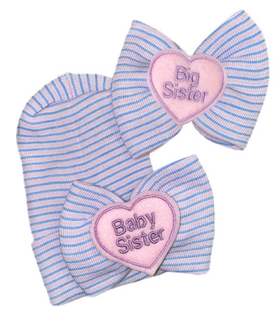 Newborn Girl Hospital Beanie: Baby Sister Heart Bow & Big Sister Set