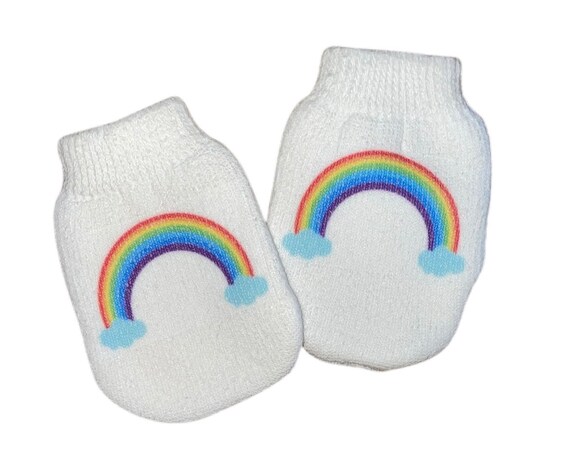 Rainbow No Scratch Mittens and Socks. Newborn Hat.. 1st Keepsake. New Baby Great Gift! Rainbow Blessing!