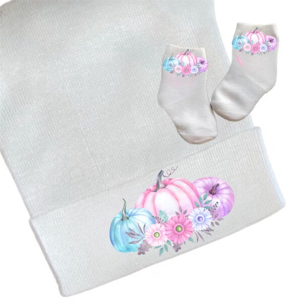 Newborn Hospital Hat Pretty Pumpkins. Option to add Socks & Mitts.Great Gift. Baby's 1st Keepsake. Cute