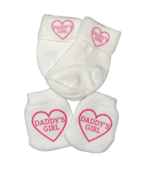 MITTENS with Option to add matching socks. No scratch Mittens With Daddy’s Girl Perfect Gift! Every Baby Needs. Cute Baby Gift!