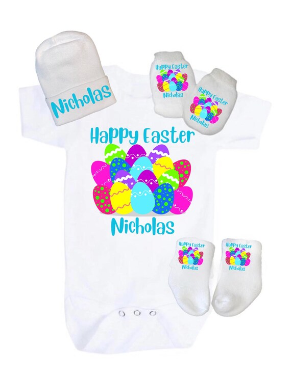 Baby Bodysuit with Happy Easter and Optional Name. Set includes Bodysuit, Hat, Socks and no scratch Mittens.  GREaT GiFT! You select size