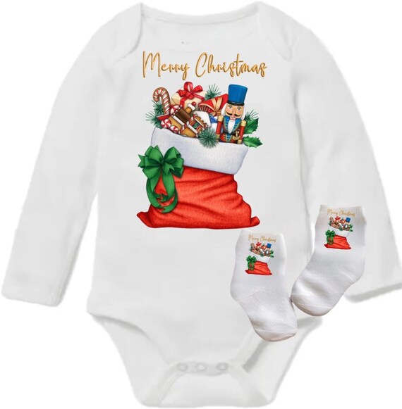 Christmas Baby Bodysuit with Socks.  Merry Christmas. Size PREEMIE to 24 Months. EXCLUSIVELY FOUND HeRe