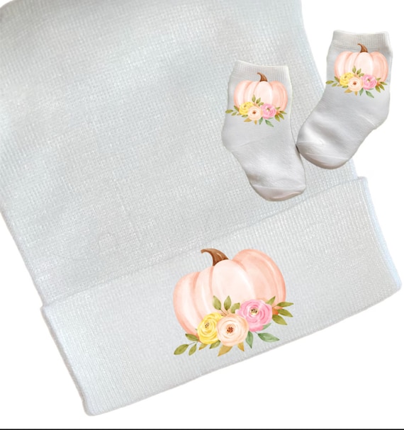 Newborn Hospital Hat Pretty Pumpkin. Option to add Socks & Mitts.Great Gift. Baby's 1st Keepsake. Cute