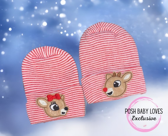 Newborn TWINS Hats.! Red and White  Striped or Solid White hat with Reindeer!