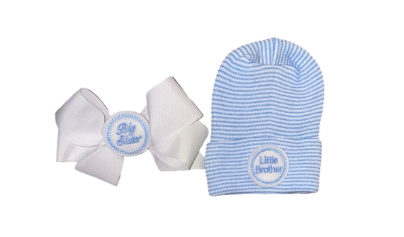 Newborn Sibling Set.  Great Gift. Little Brother Hat and Big Sister Headband. Choice of White Bow or Same Material as Hat Bow.