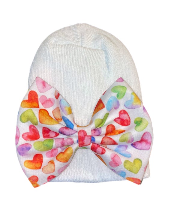 Newborn Hospital Hat with Colorful Bow on Hat, Nylon Headband or Alligator Clip. You Choose At Checkout
