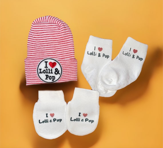 Baby Hat. I LOVE Lolli & Pop Hat, No Scratch Mitts and Socks. Perfect Gift! Newborn Hospital Hat. Baby's 1st Keepsake!