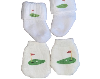 MITTENS & Sock Option Newborn no scratch Mittens for Baby of Golf fan.  Perfect Shower/Newborn Gift Every Baby Needs. Cute Baby Gift!