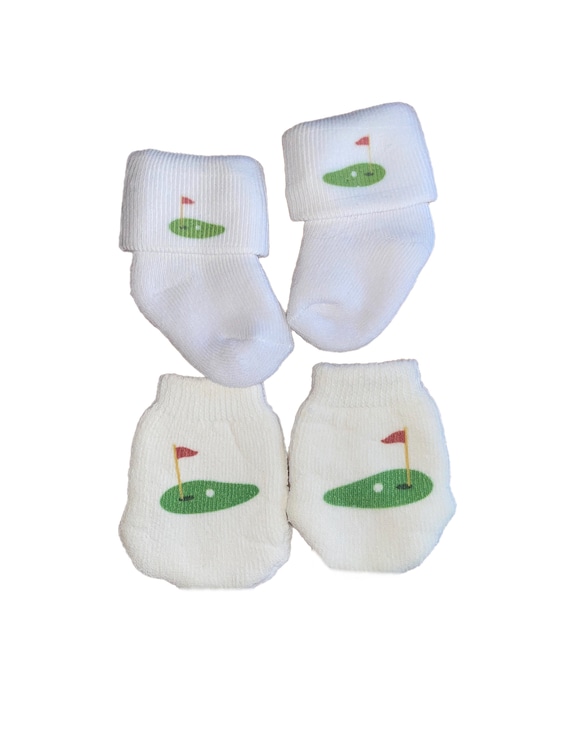MITTENS & Sock Option Newborn no scratch Mittens for Baby of Golf fan.  Perfect Shower/Newborn Gift Every Baby Needs. Cute Baby Gift!