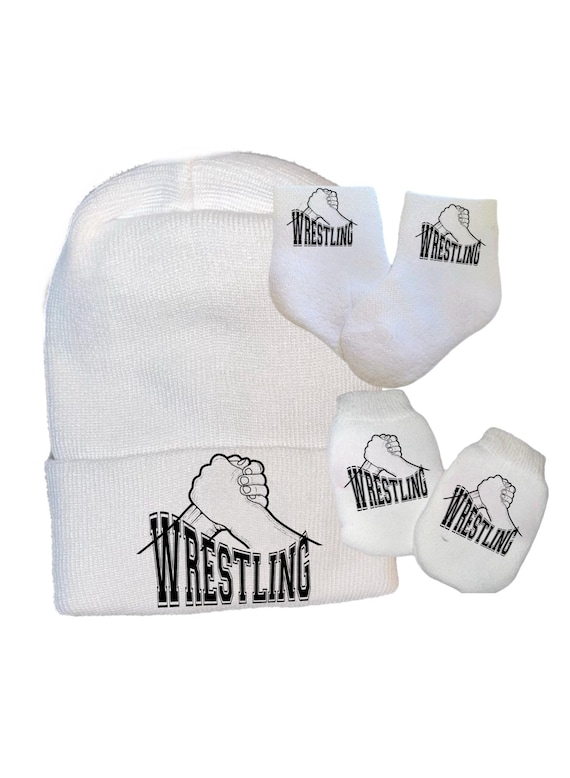 Newborn Hat Wrestling Fan. OPTIONal Mittens and Socks.  1st Keepsake, Gender Reveal, Surprise Dad!