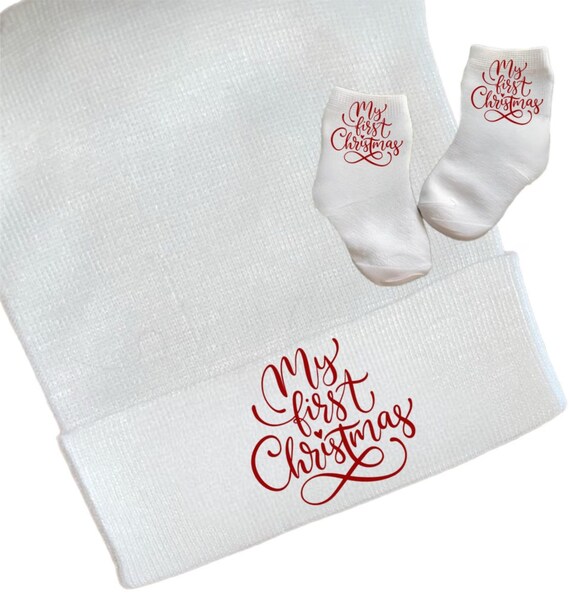 Newborn Hospital Hat My First Christmas. Option to add Socks & Mitts.Great Gift. Baby's 1st Keepsake. Cute