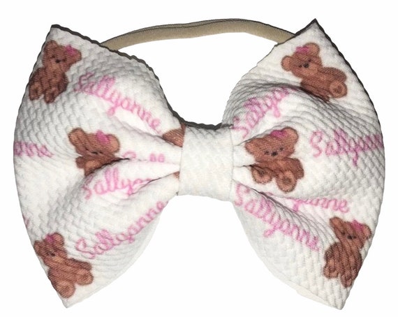 Girls Bow Hat or Headband with Teddy Bears & NAME! Baby Girl Bow!  Custom Made Fabric Bow. Newborn Hospital Hat. Newborn Hat.  EXCLUSIVE