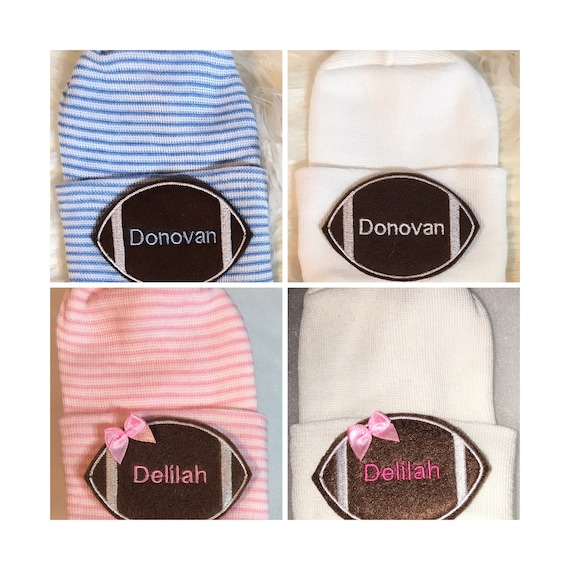 Football Baby Hat Personalized. Great Gift for Boy or Girl. Great Gift For Newest Football Fan. You Select Hat and Name Color.