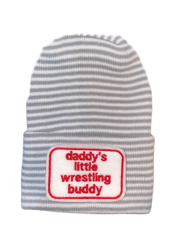 Newborn Hat daddy's little Wrestling buddy and OPTIONal Mittens YOU CHOOSE COLOR  1st Keepsake, Gender Reveal, Surprise Dad!